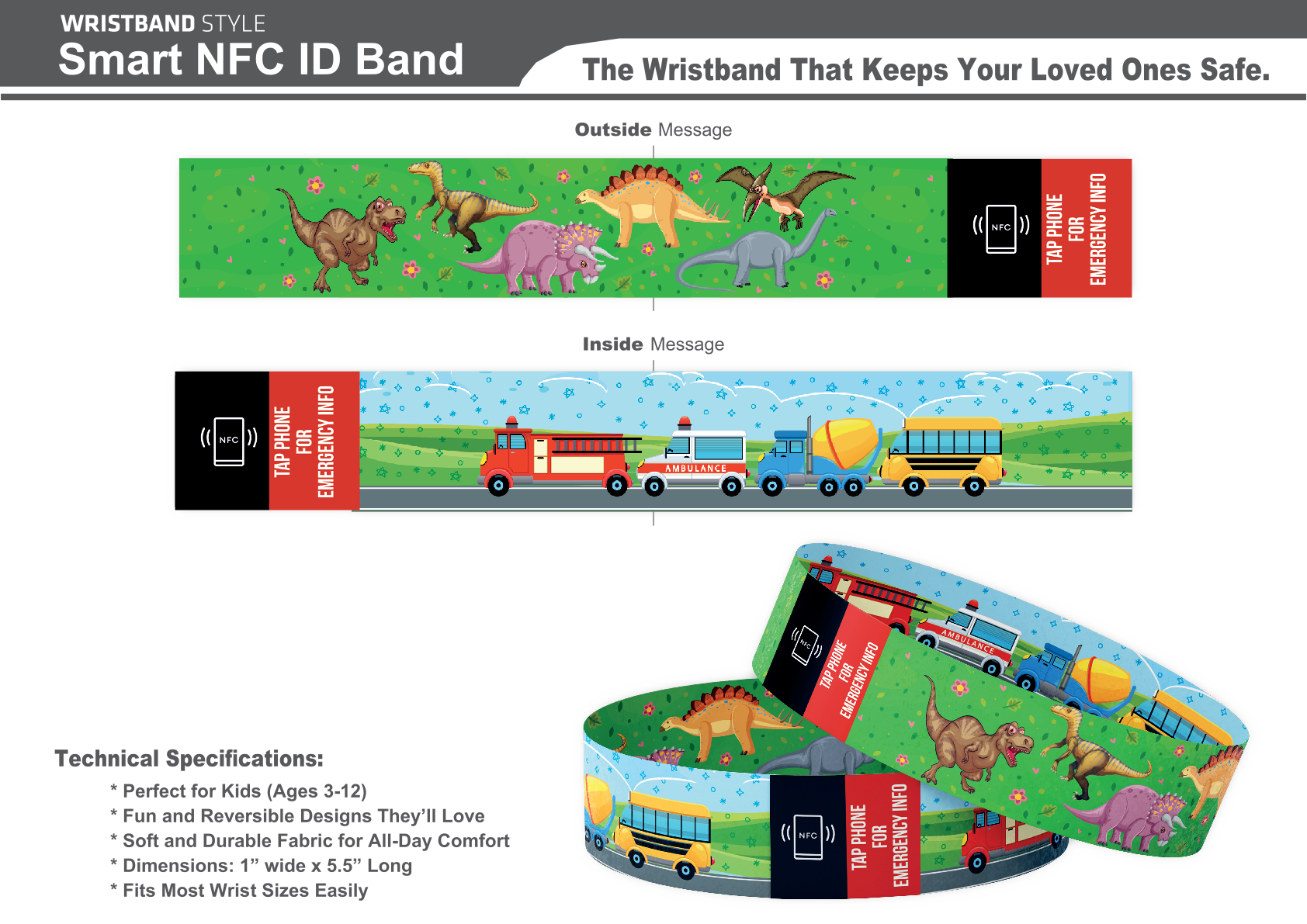 Child's Smart Medical ID Bracelet - Dino