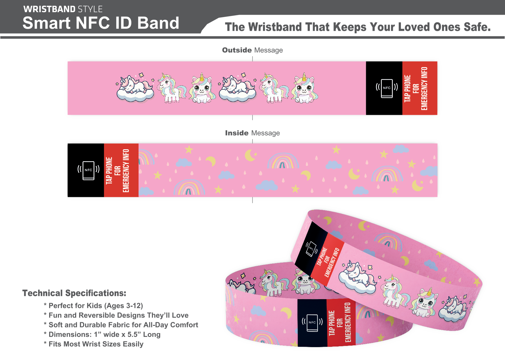 Child's Smart Medical ID Bracelet | Pink Unicorn Rainbow – The Reunite